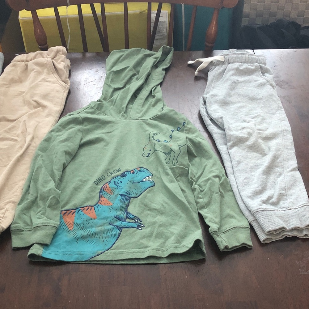 4T Green Dino Hoodie and Neutral Joggers Pants Set - Picture 3 of 3
